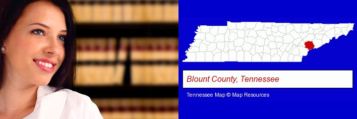 a young, female attorney in a law library; Blount County, Tennessee highlighted in red on a map