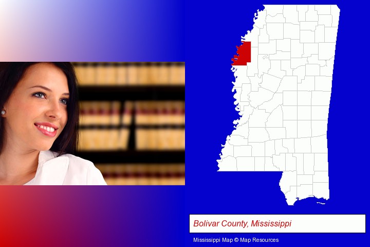 a young, female attorney in a law library; Bolivar County, Mississippi highlighted in red on a map