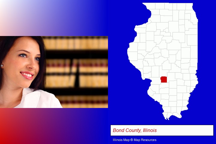a young, female attorney in a law library; Bond County, Illinois highlighted in red on a map