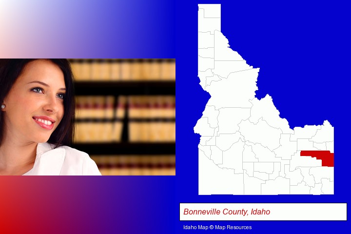 a young, female attorney in a law library; Bonneville County, Idaho highlighted in red on a map