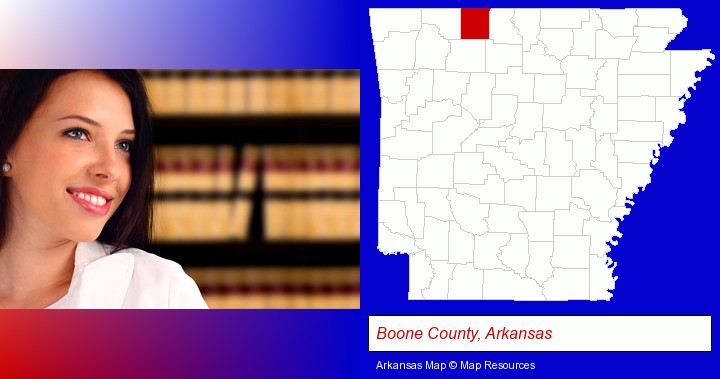 a young, female attorney in a law library; Boone County, Arkansas highlighted in red on a map
