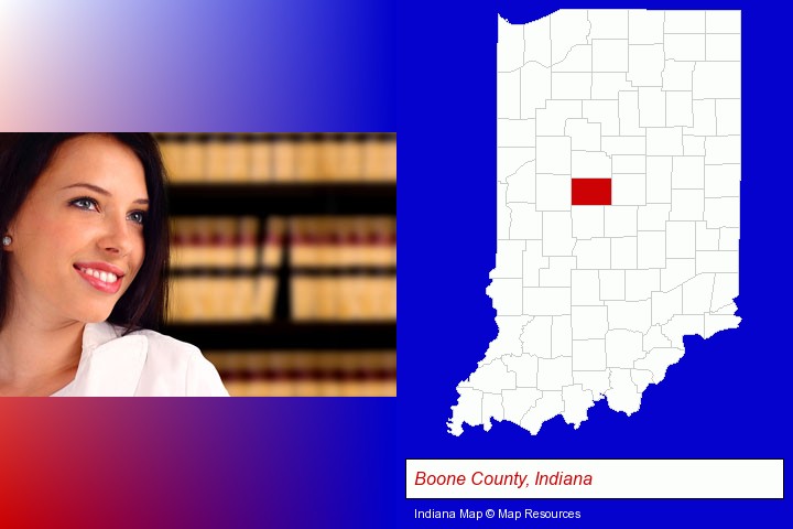 a young, female attorney in a law library; Boone County, Indiana highlighted in red on a map