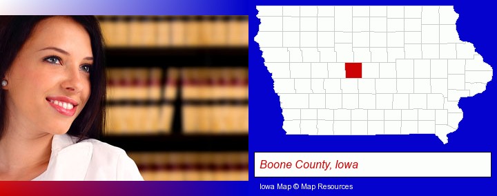 a young, female attorney in a law library; Boone County, Iowa highlighted in red on a map
