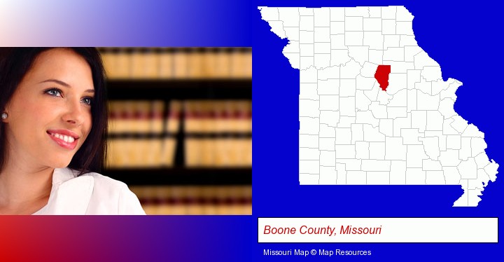 a young, female attorney in a law library; Boone County, Missouri highlighted in red on a map