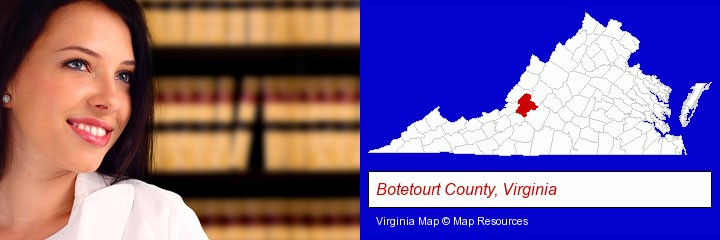 a young, female attorney in a law library; Botetourt County, Virginia highlighted in red on a map