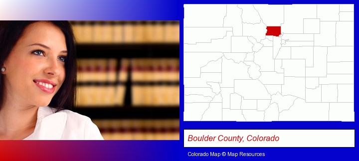 a young, female attorney in a law library; Boulder County, Colorado highlighted in red on a map