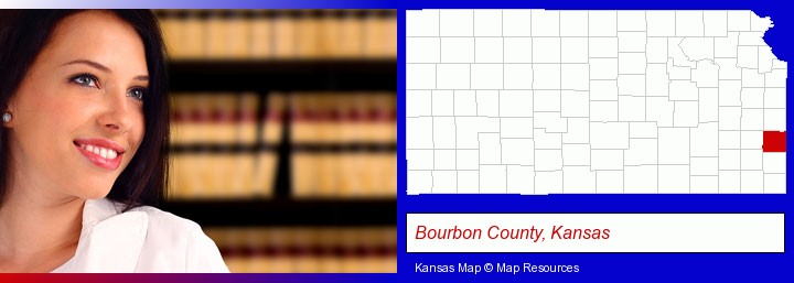 a young, female attorney in a law library; Bourbon County, Kansas highlighted in red on a map