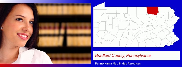 a young, female attorney in a law library; Bradford County, Pennsylvania highlighted in red on a map