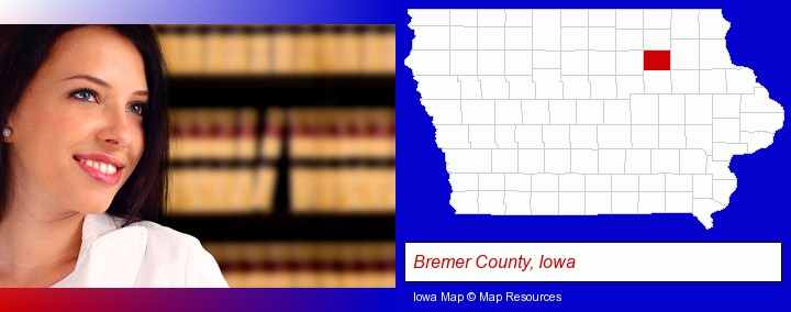 a young, female attorney in a law library; Bremer County, Iowa highlighted in red on a map