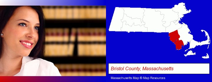 a young, female attorney in a law library; Bristol County, Massachusetts highlighted in red on a map