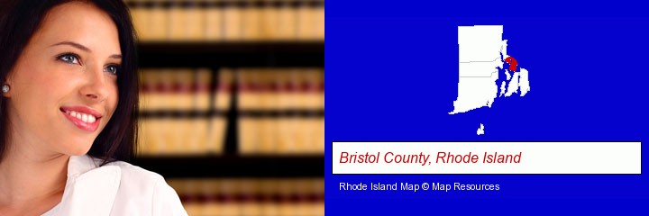 a young, female attorney in a law library; Bristol County, Rhode Island highlighted in red on a map