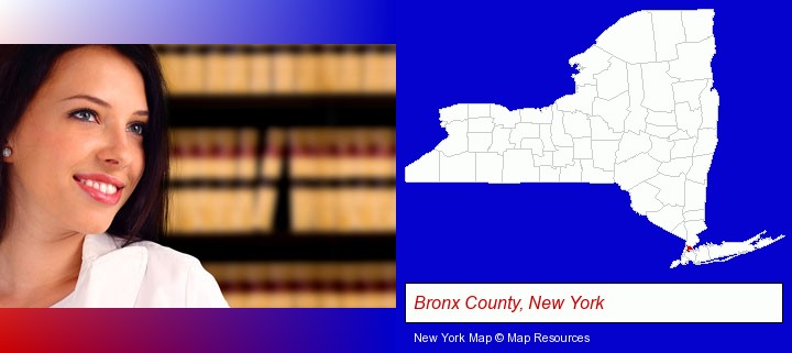 a young, female attorney in a law library; Bronx County, New York highlighted in red on a map
