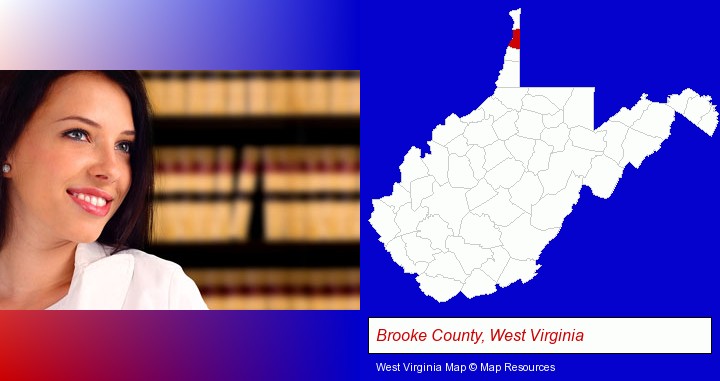 a young, female attorney in a law library; Brooke County, West Virginia highlighted in red on a map