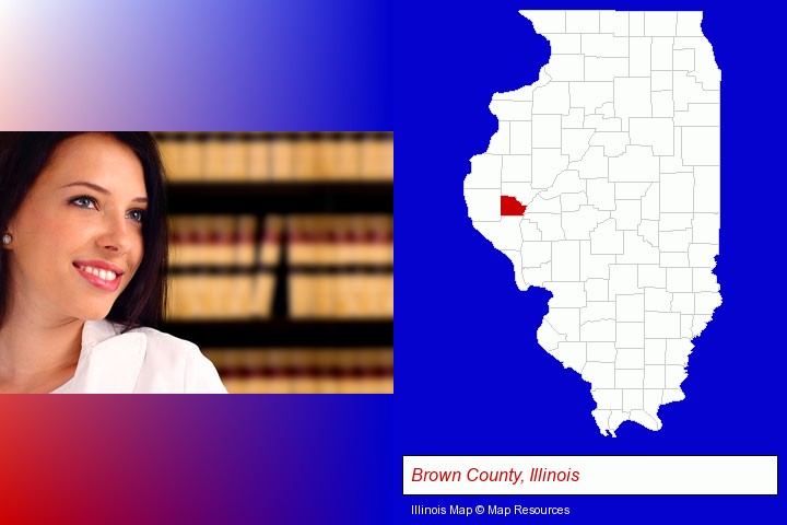 a young, female attorney in a law library; Brown County, Illinois highlighted in red on a map