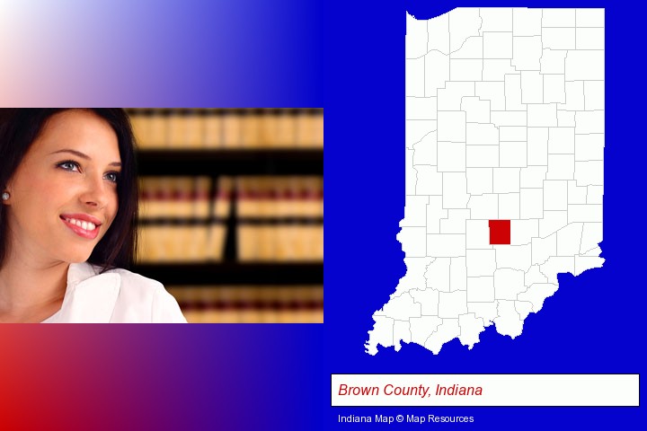 a young, female attorney in a law library; Brown County, Indiana highlighted in red on a map