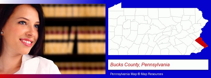 a young, female attorney in a law library; Bucks County, Pennsylvania highlighted in red on a map