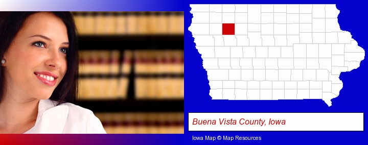 a young, female attorney in a law library; Buena Vista County, Iowa highlighted in red on a map