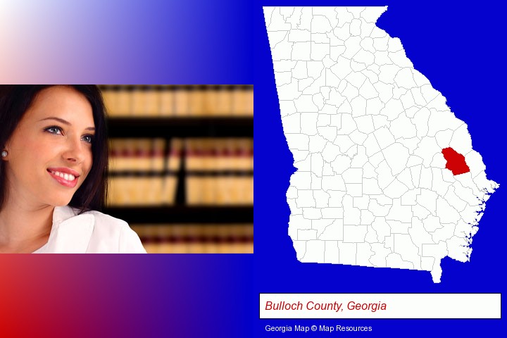 a young, female attorney in a law library; Bulloch County, Georgia highlighted in red on a map