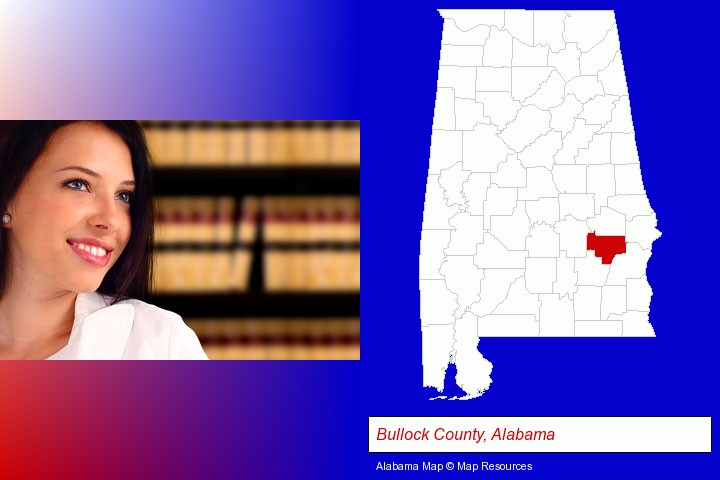 a young, female attorney in a law library; Bullock County, Alabama highlighted in red on a map
