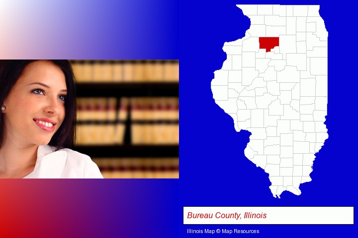 a young, female attorney in a law library; Bureau County, Illinois highlighted in red on a map