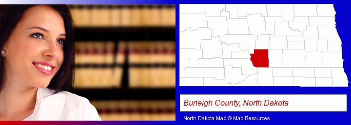 a young, female attorney in a law library; Burleigh County, North Dakota highlighted in red on a map