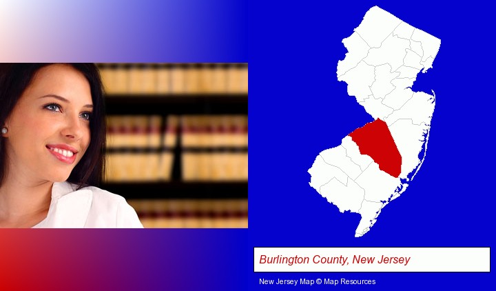 a young, female attorney in a law library; Burlington County, New Jersey highlighted in red on a map