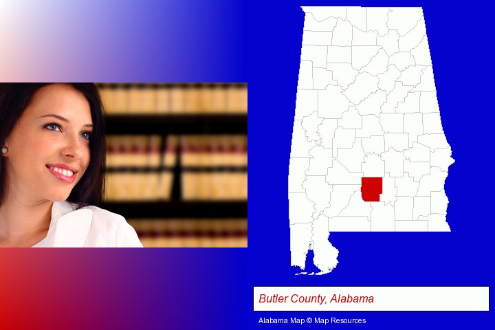 a young, female attorney in a law library; Butler County, Alabama highlighted in red on a map