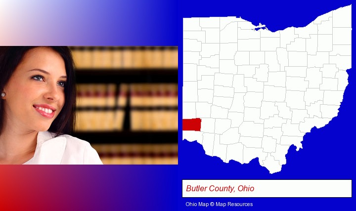 a young, female attorney in a law library; Butler County, Ohio highlighted in red on a map