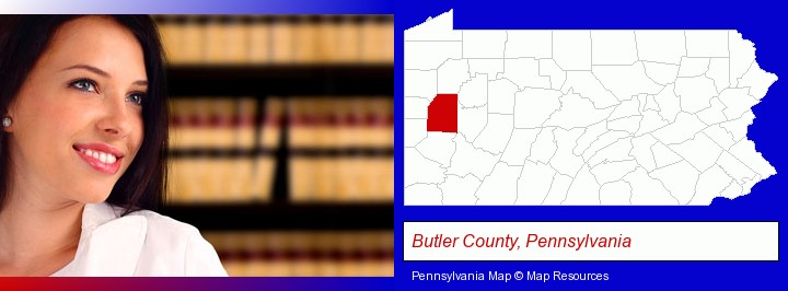 a young, female attorney in a law library; Butler County, Pennsylvania highlighted in red on a map