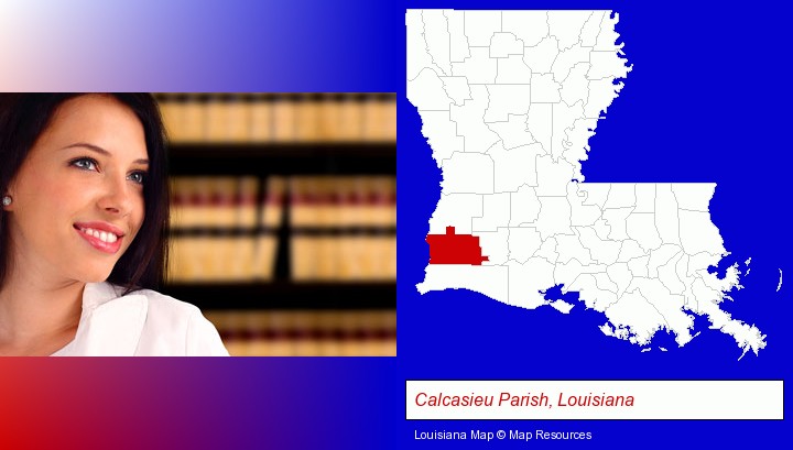a young, female attorney in a law library; Calcasieu Parish, Louisiana highlighted in red on a map
