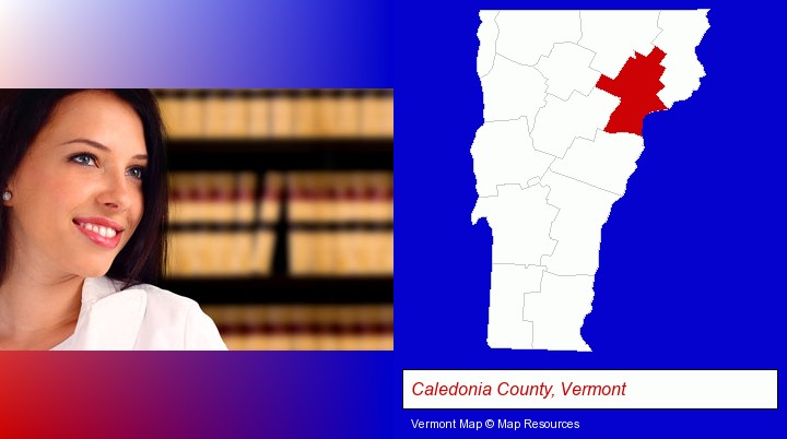 a young, female attorney in a law library; Caledonia County, Vermont highlighted in red on a map