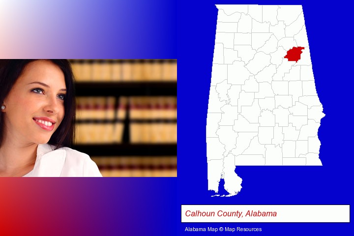 a young, female attorney in a law library; Calhoun County, Alabama highlighted in red on a map