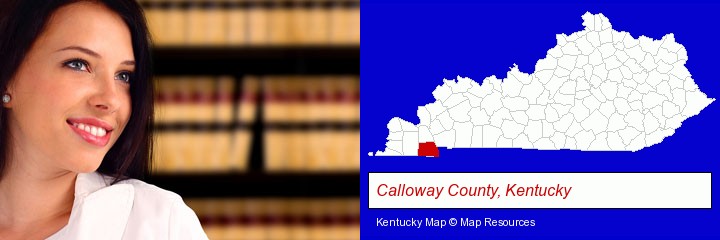 a young, female attorney in a law library; Calloway County, Kentucky highlighted in red on a map