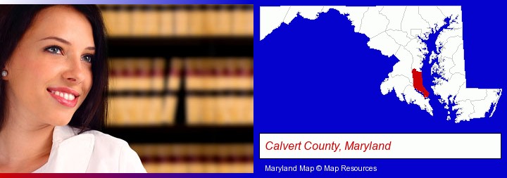 a young, female attorney in a law library; Calvert County, Maryland highlighted in red on a map