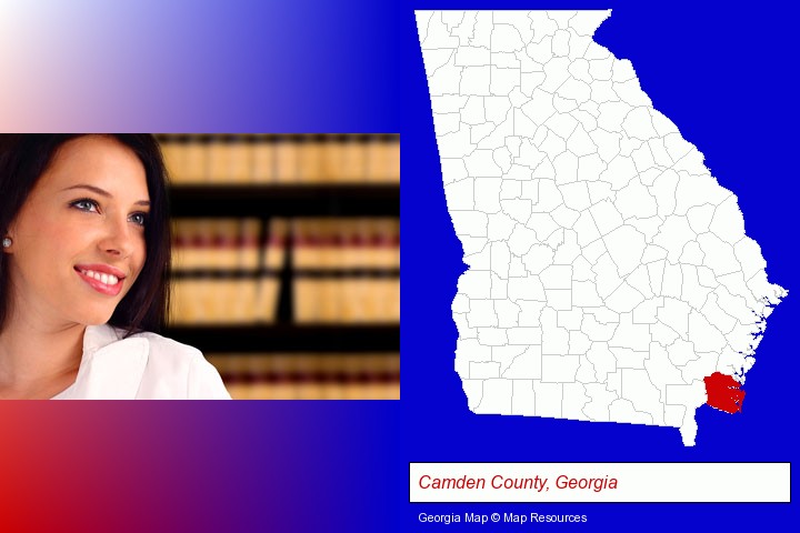 a young, female attorney in a law library; Camden County, Georgia highlighted in red on a map