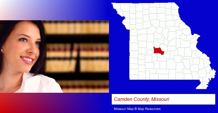 a young, female attorney in a law library; Camden County, Missouri highlighted in red on a map