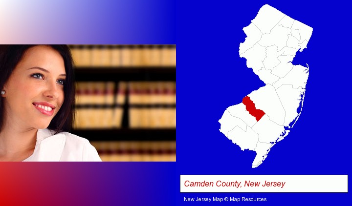 a young, female attorney in a law library; Camden County, New Jersey highlighted in red on a map