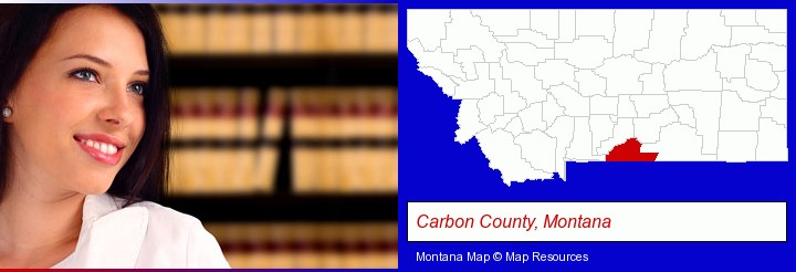 a young, female attorney in a law library; Carbon County, Montana highlighted in red on a map