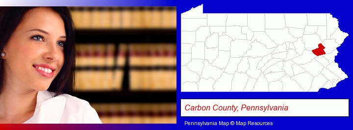 a young, female attorney in a law library; Carbon County, Pennsylvania highlighted in red on a map