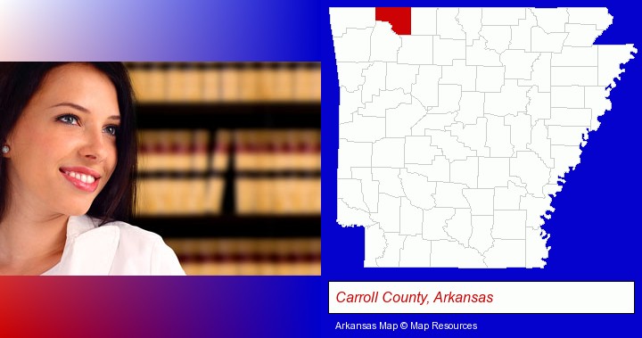 a young, female attorney in a law library; Carroll County, Arkansas highlighted in red on a map