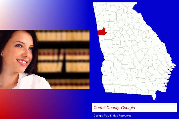 a young, female attorney in a law library; Carroll County, Georgia highlighted in red on a map
