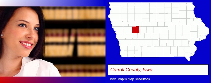a young, female attorney in a law library; Carroll County, Iowa highlighted in red on a map