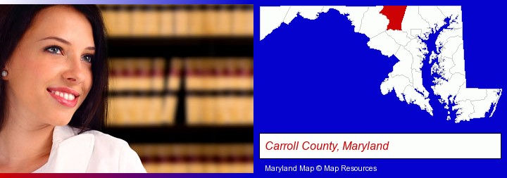 a young, female attorney in a law library; Carroll County, Maryland highlighted in red on a map