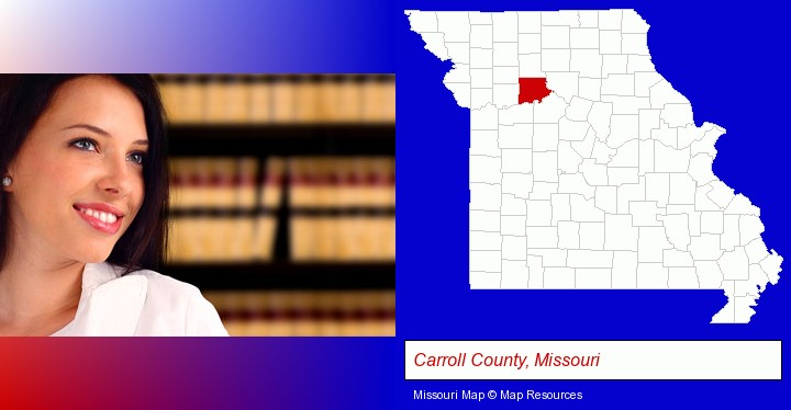 a young, female attorney in a law library; Carroll County, Missouri highlighted in red on a map