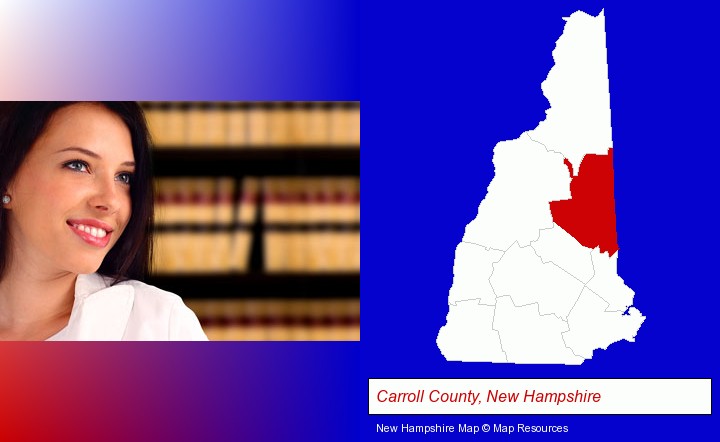 a young, female attorney in a law library; Carroll County, New Hampshire highlighted in red on a map