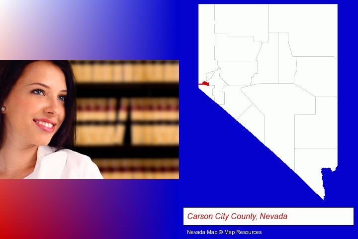 a young, female attorney in a law library; Carson City County, Nevada highlighted in red on a map