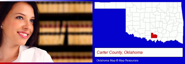 a young, female attorney in a law library; Carter County, Oklahoma highlighted in red on a map