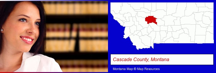 a young, female attorney in a law library; Cascade County, Montana highlighted in red on a map