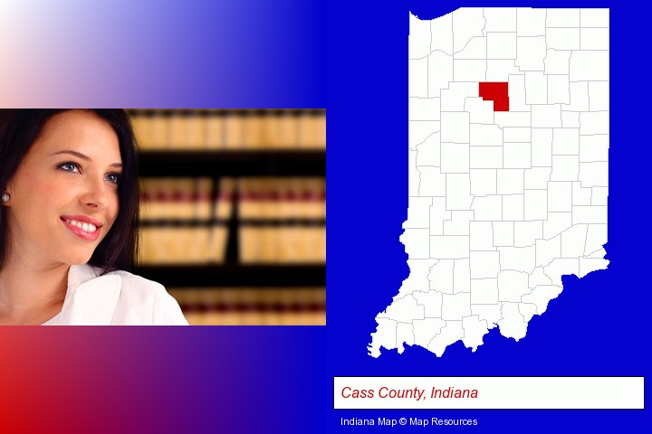 a young, female attorney in a law library; Cass County, Indiana highlighted in red on a map