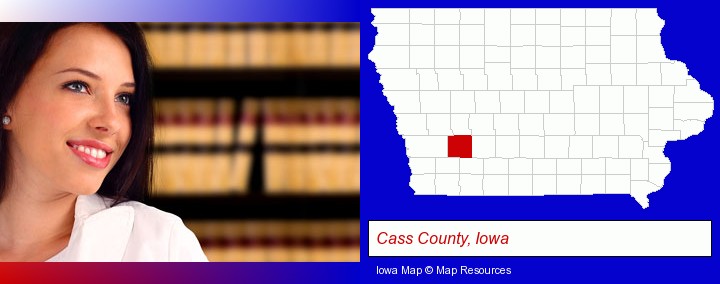a young, female attorney in a law library; Cass County, Iowa highlighted in red on a map